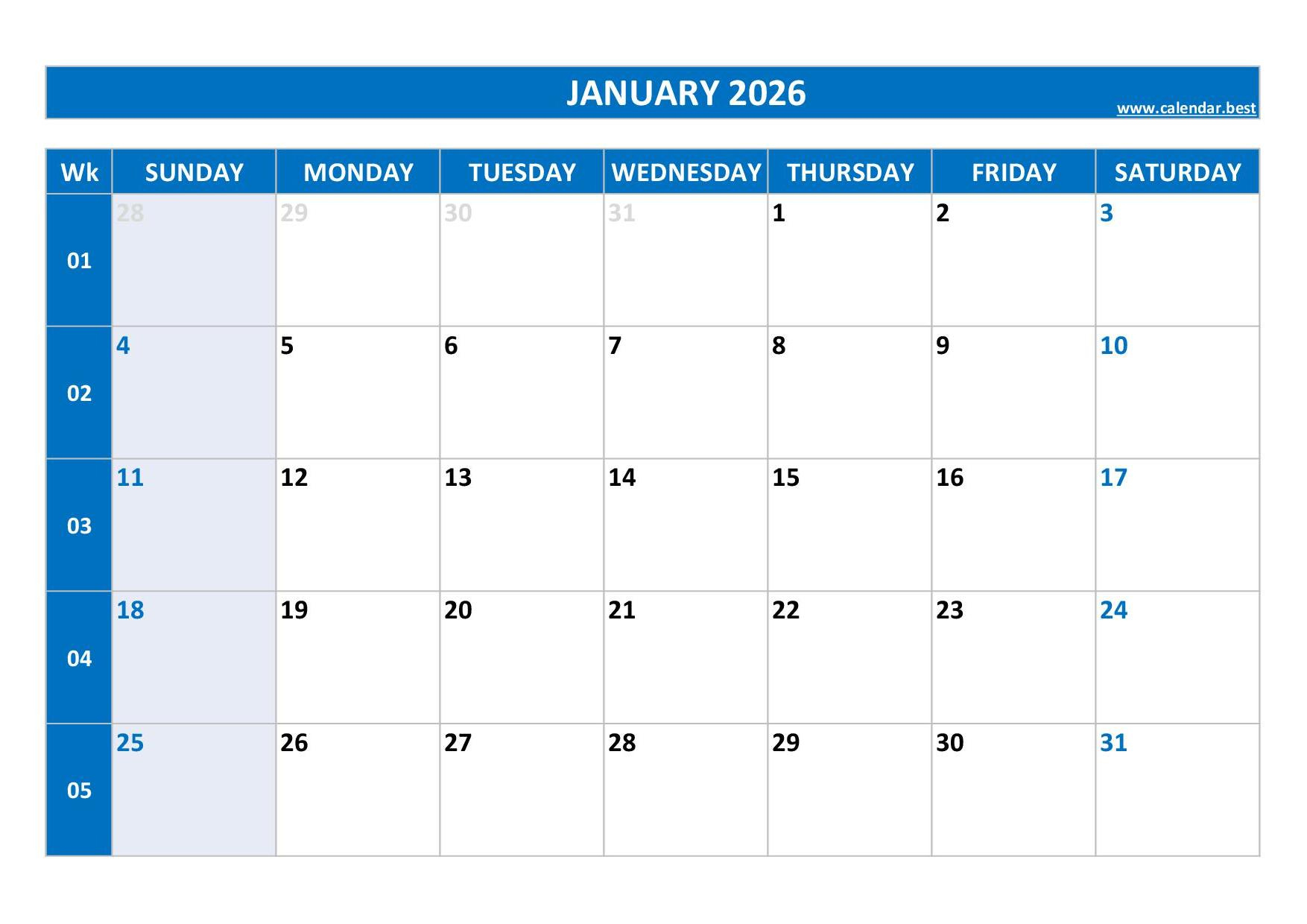 January 2026 Calendar -Calendar.best regarding Printable Calendar 2026 January February March