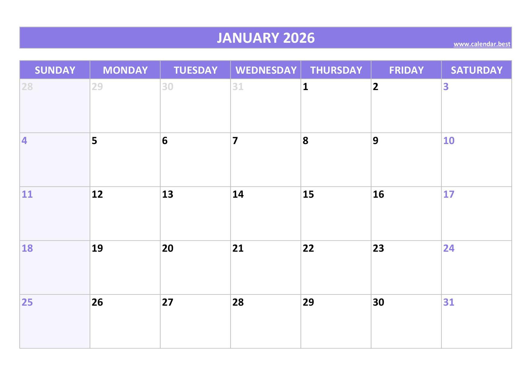 January 2026 Calendar -Calendar.best with Printable Calendar 2026 January to March