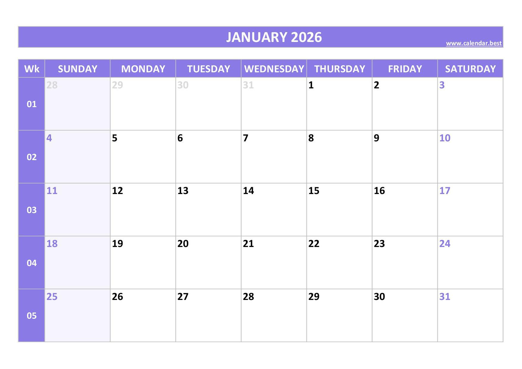 January 2026 Calendar -Calendar.best with regard to January to March 2026 Calendar Printable