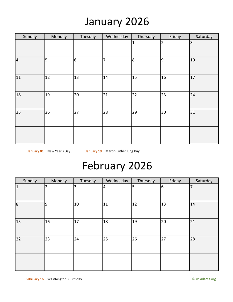 January And February 2026 Calendar | Wikidates for January Feb March 2026 Calendar