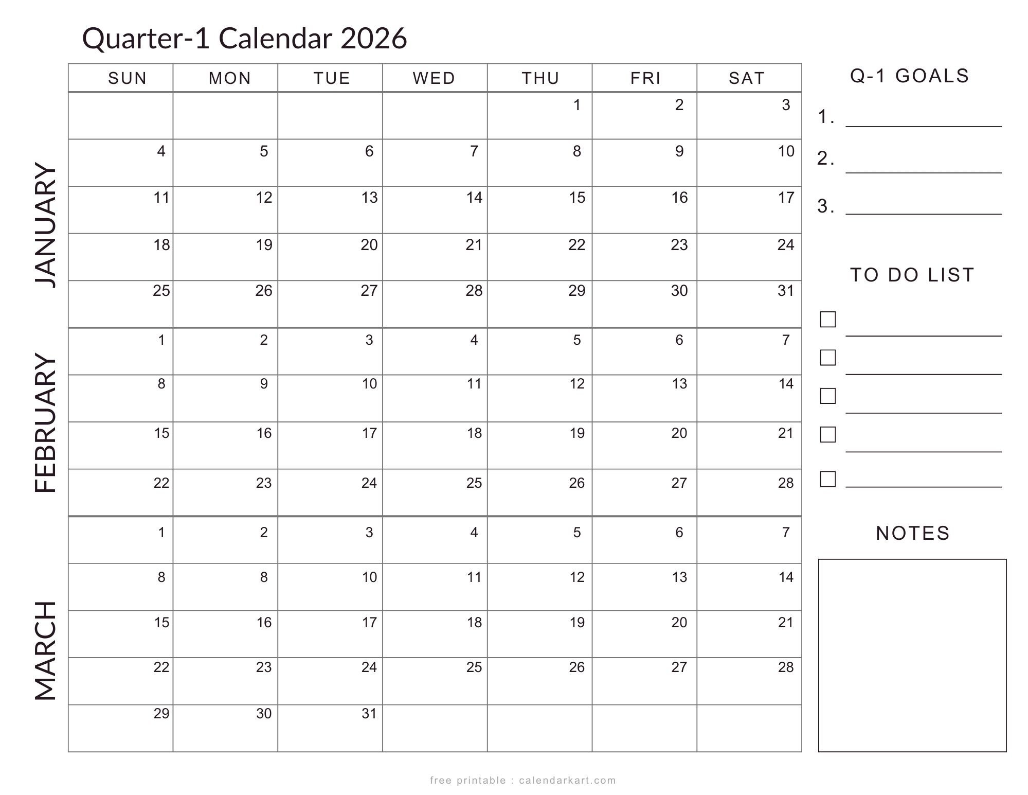 January-March 2026 Calendar - Q1 Planner Templates - Calendarkart pertaining to January March 2026 Printable Calendar