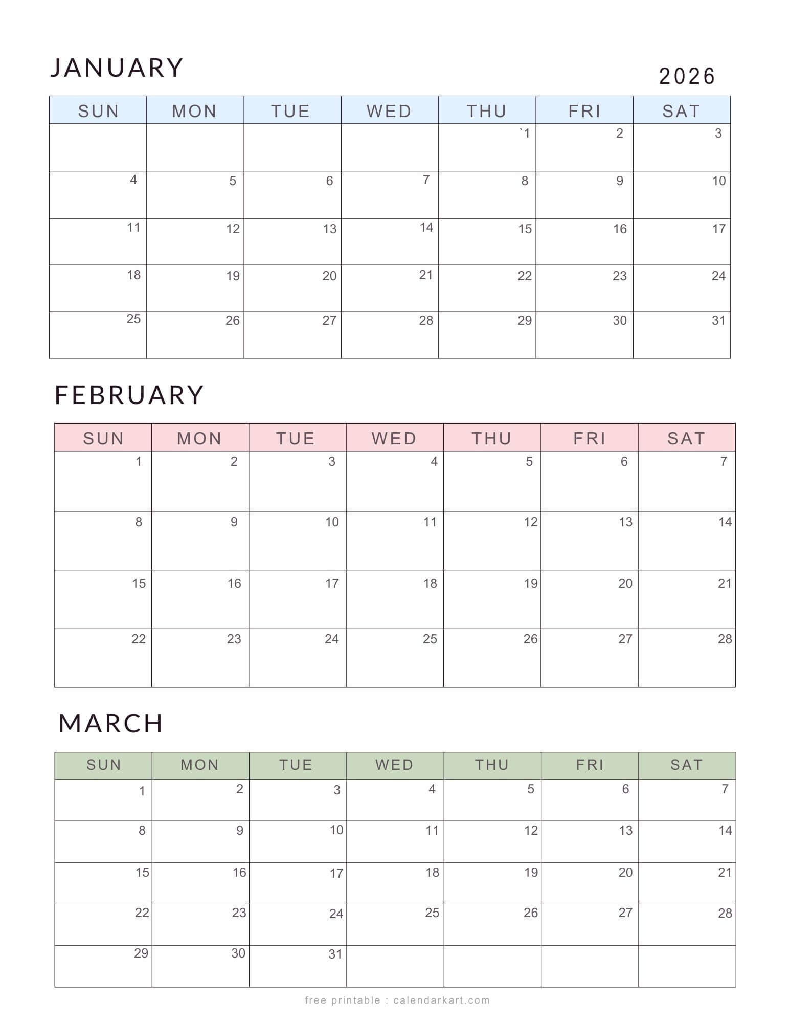 January-March 2026 Calendar - Q1 Planner Templates - Calendarkart regarding January March 2026 Printable Calendar