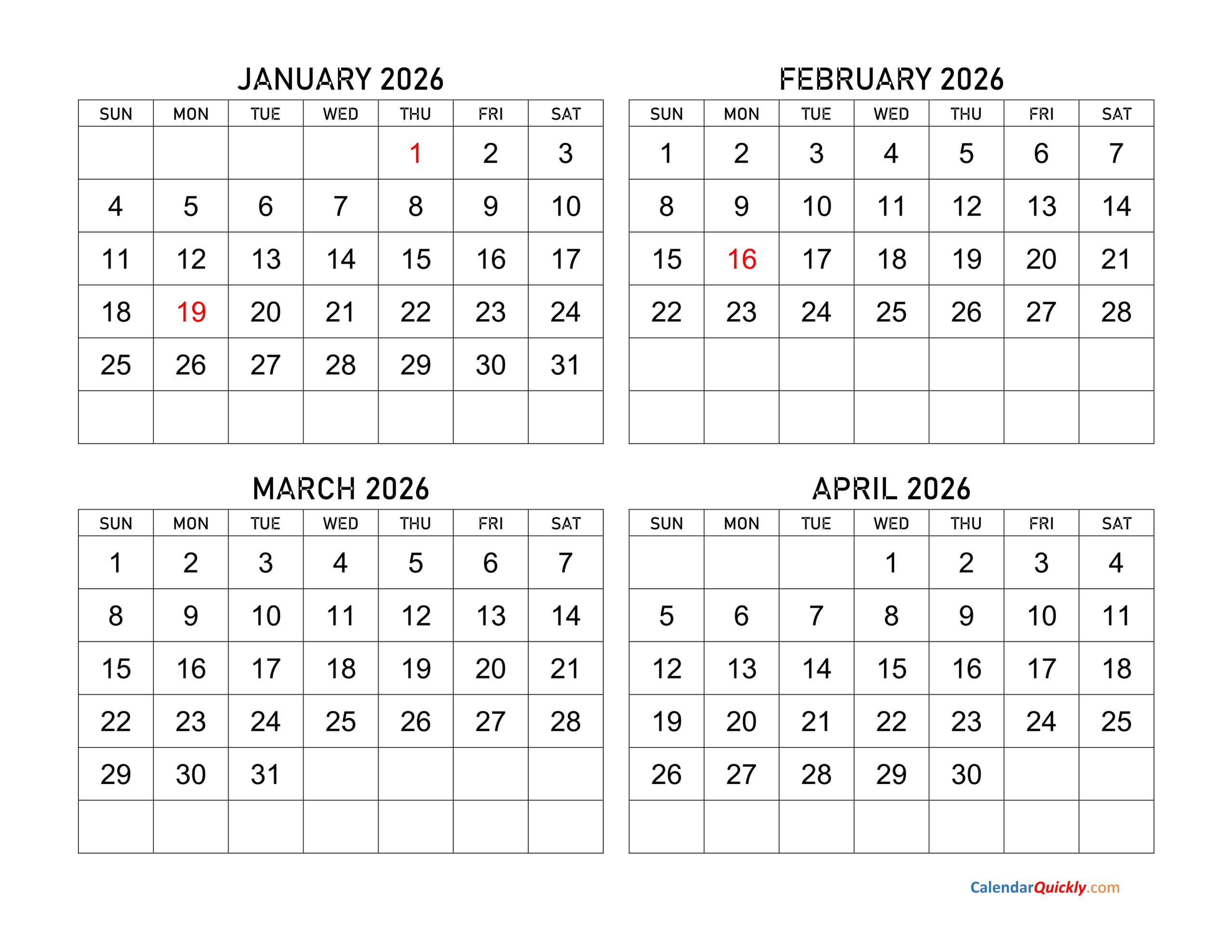 January To April 2026 Calendar | Calendar Quickly throughout Feb March April 2026 Calendar