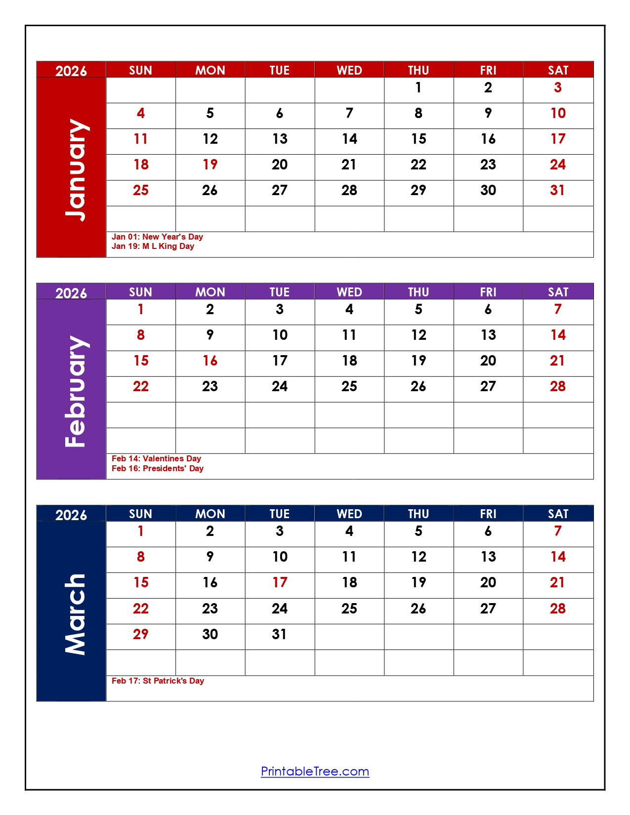 January To March 2026 Calendar- Three Month Calendar with January to March Calendar 2026