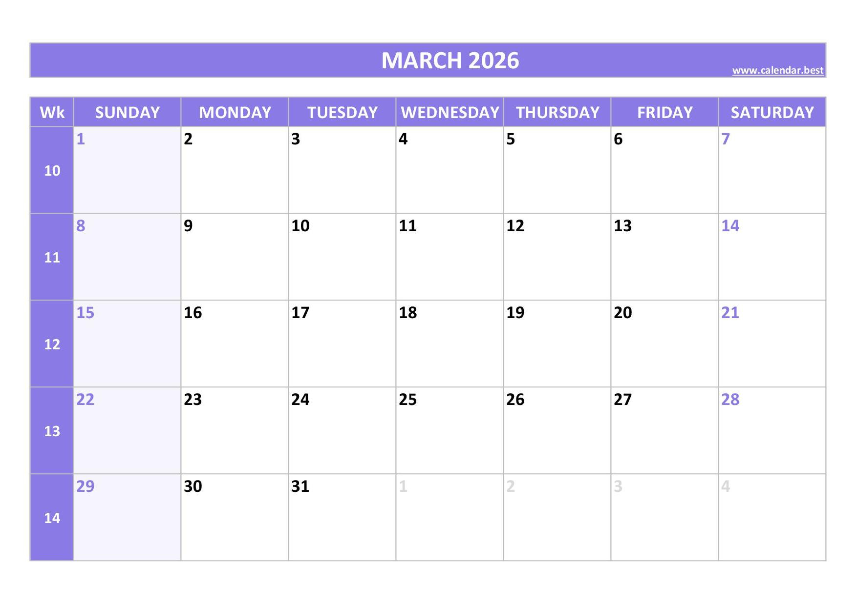 March 2026 Calendar -Calendar.best for March 2026 Calendar Blank Printable