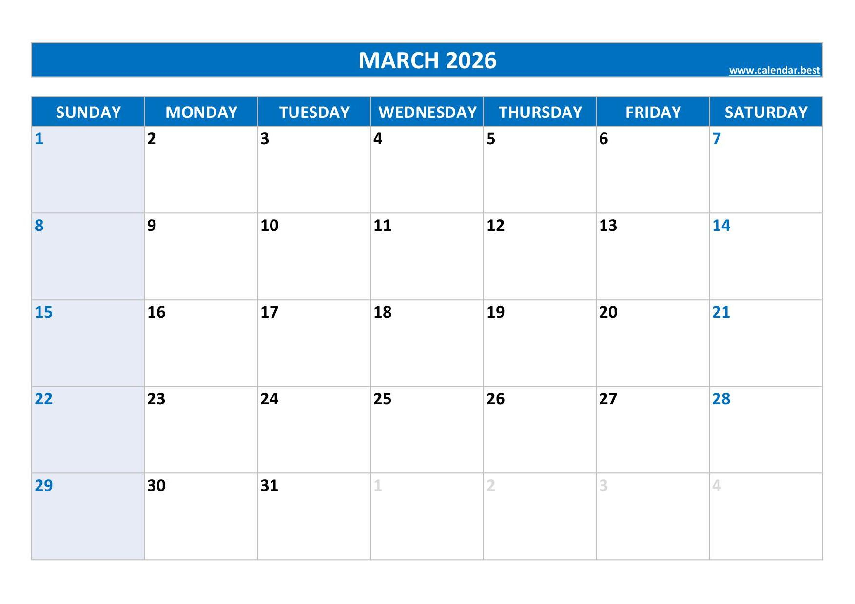 March 2026 Calendar -Calendar.best in March Calendar Numbers Printable 2026