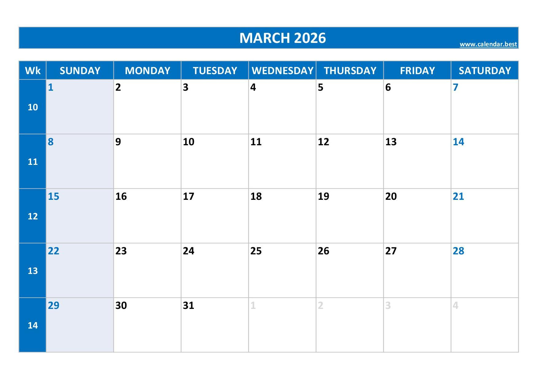 March 2026 Calendar -Calendar.best within 2026 March Calendar Printable