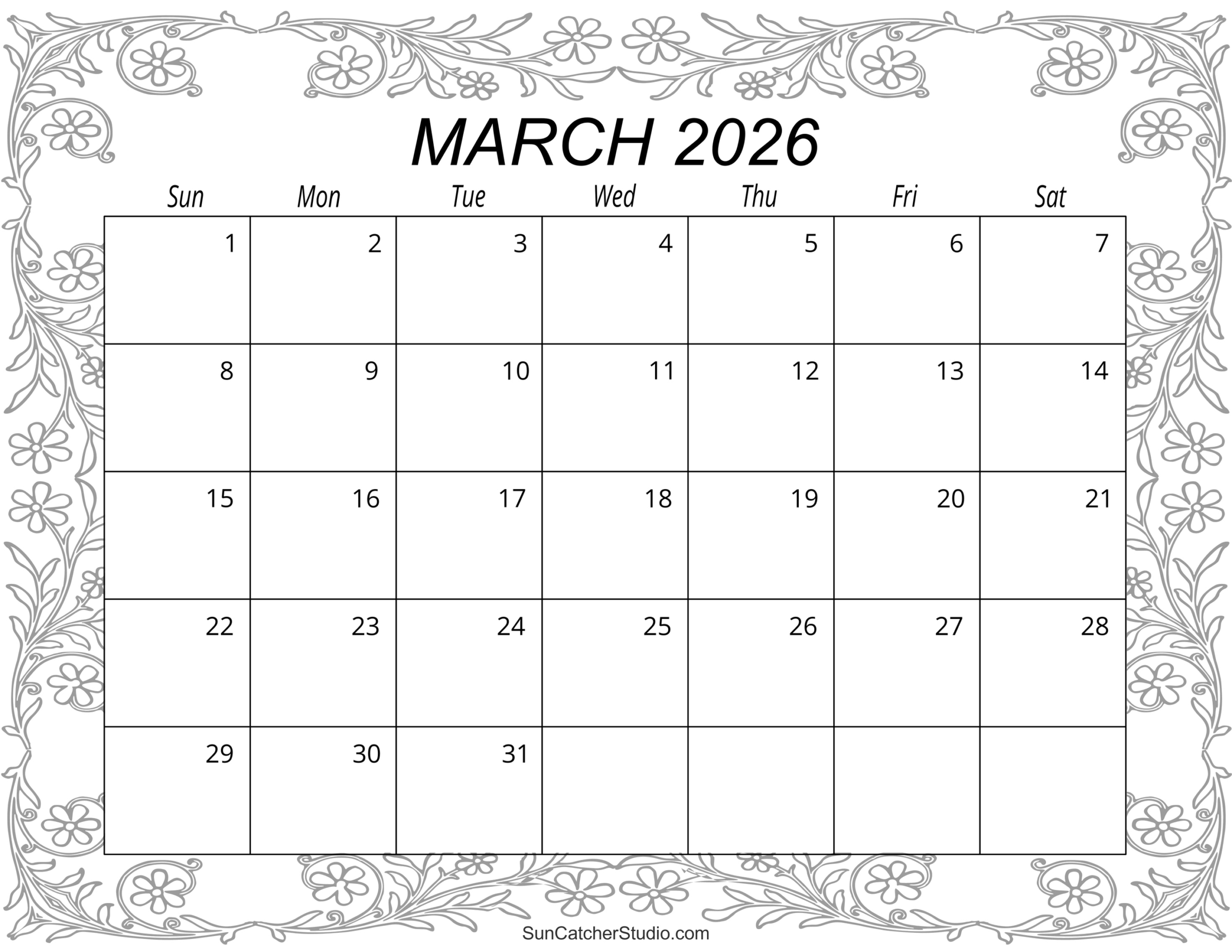 March 2026 Calendar (Free Printable) – Free Printables, Lettering inside March Calendar 2026 Blank
