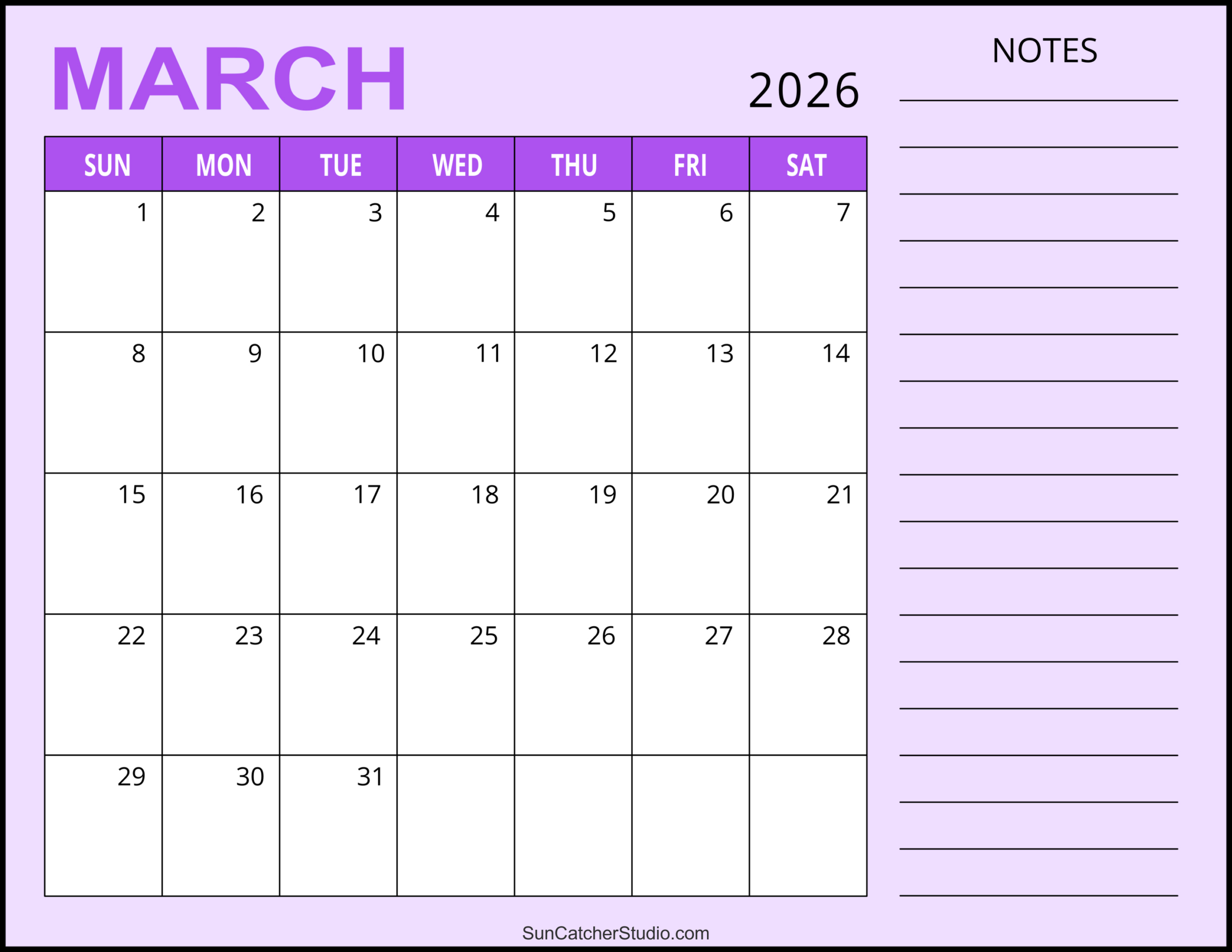 March 2026 Calendar (Free Printable) – Free Printables, Lettering regarding March 2026 Calendar With Notes