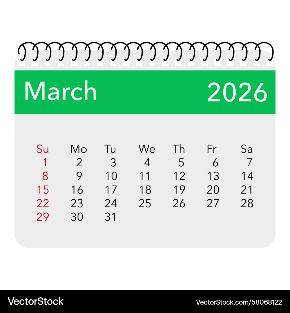 March 2026 Calendar - Green Spiral – Royalty-Free Vector | Vectorstock regarding March Clip Art Calendar 2026