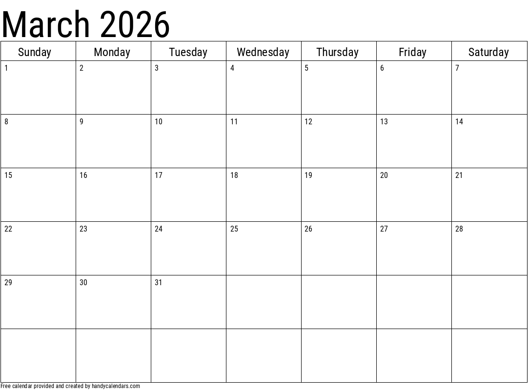 March 2026 Calendar - Handy Calendars throughout March Calendar 2026 Grab Calendar