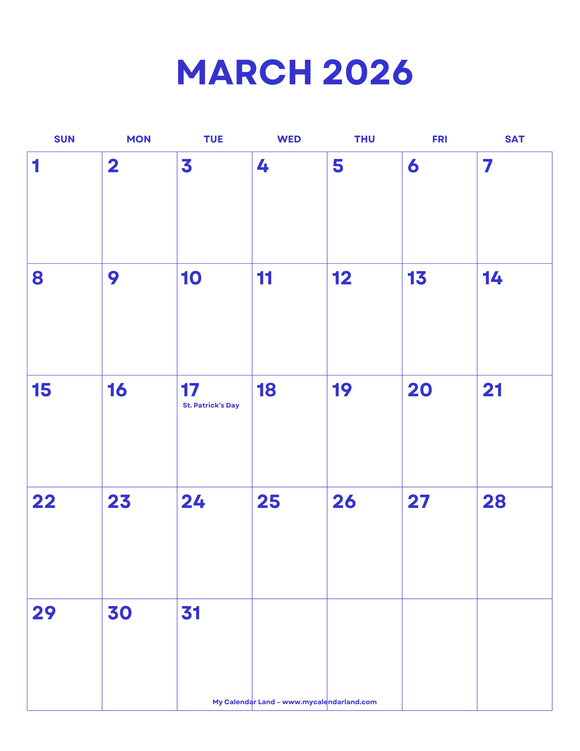 March 2026 Calendar – My Calendar Land regarding March Calendar 2026 General Blue