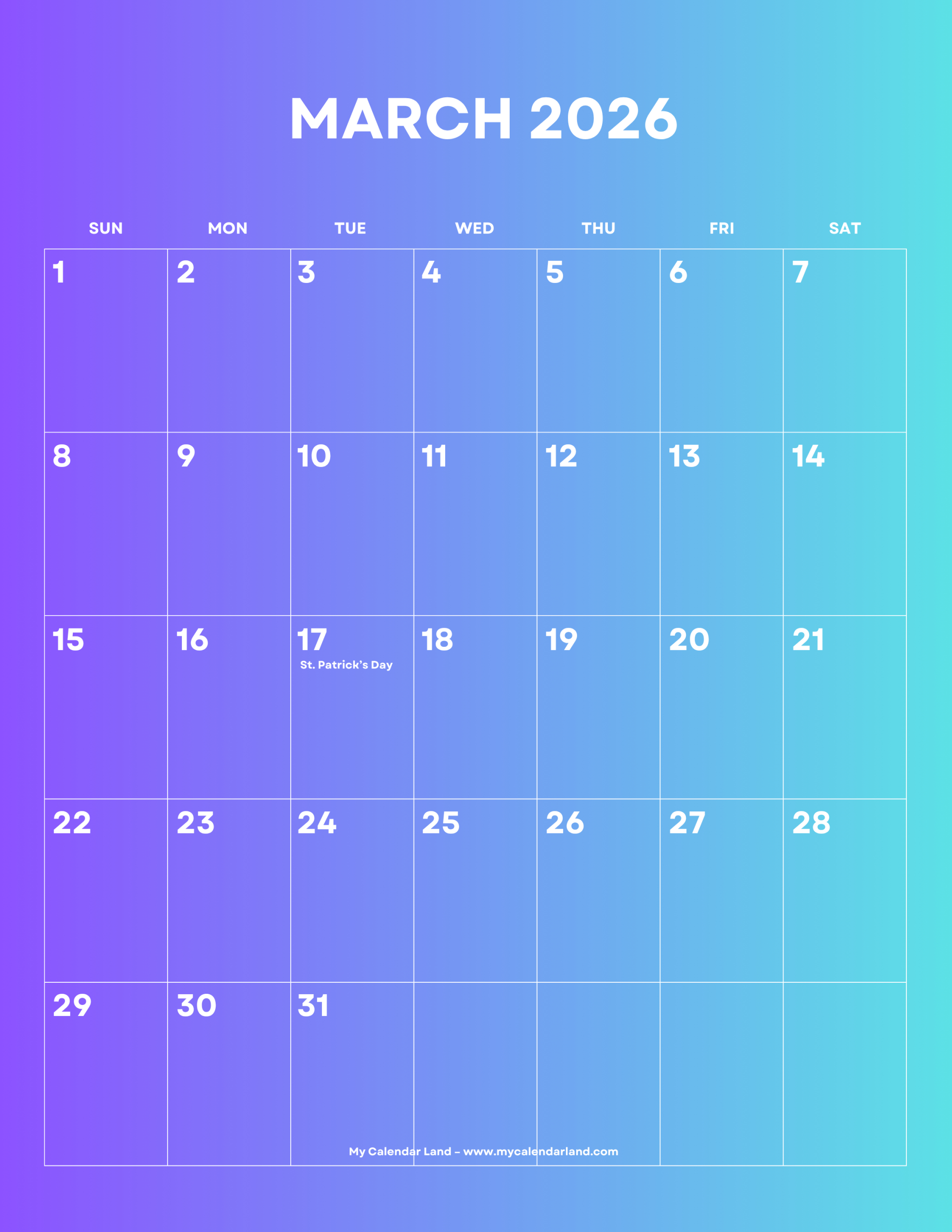 March 2026 Calendar – My Calendar Land within March Calendar 2026 Grab Calendar