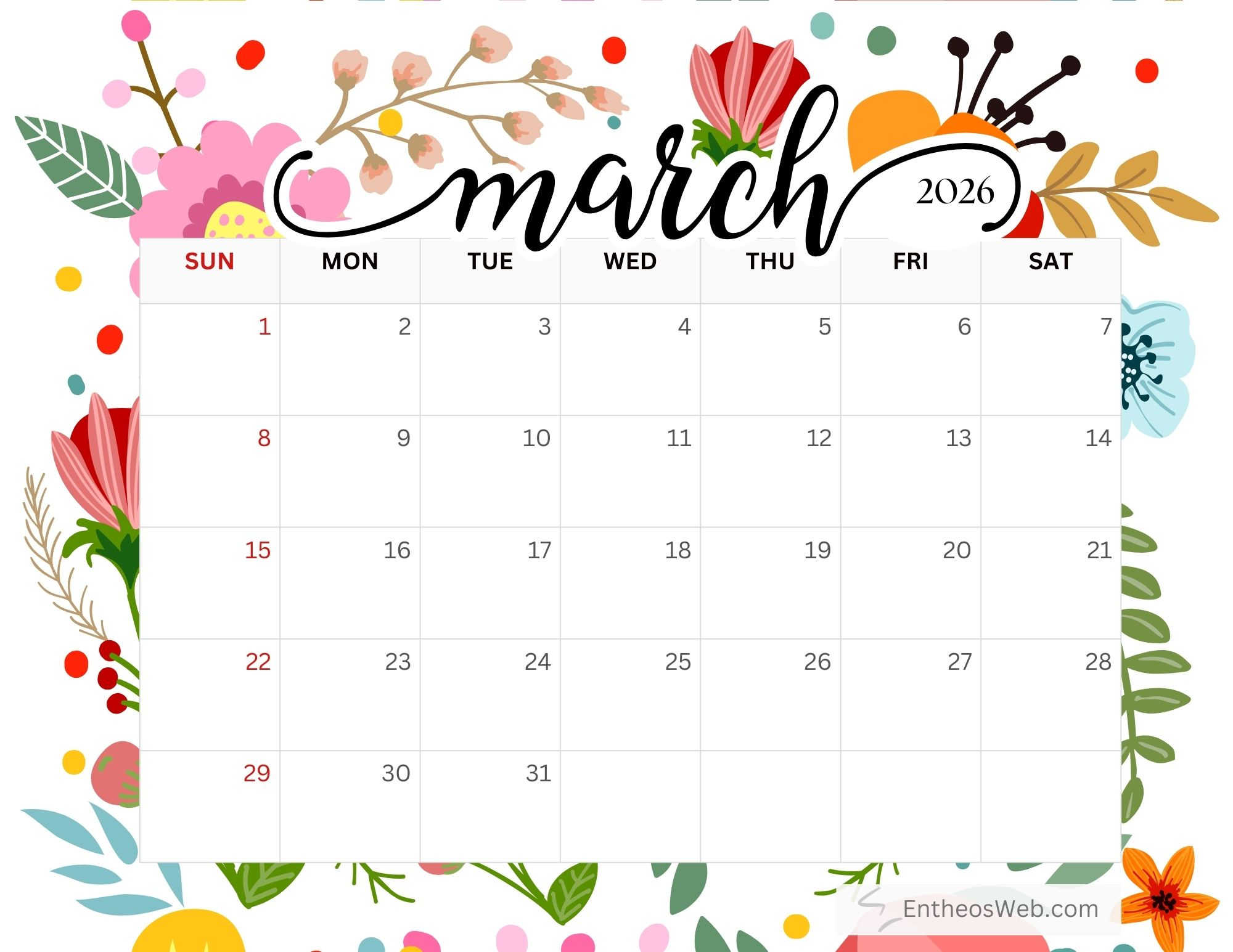 March 2026 Calendar Printables » Entheosweb intended for March Calendar 2026 Printable Free Download