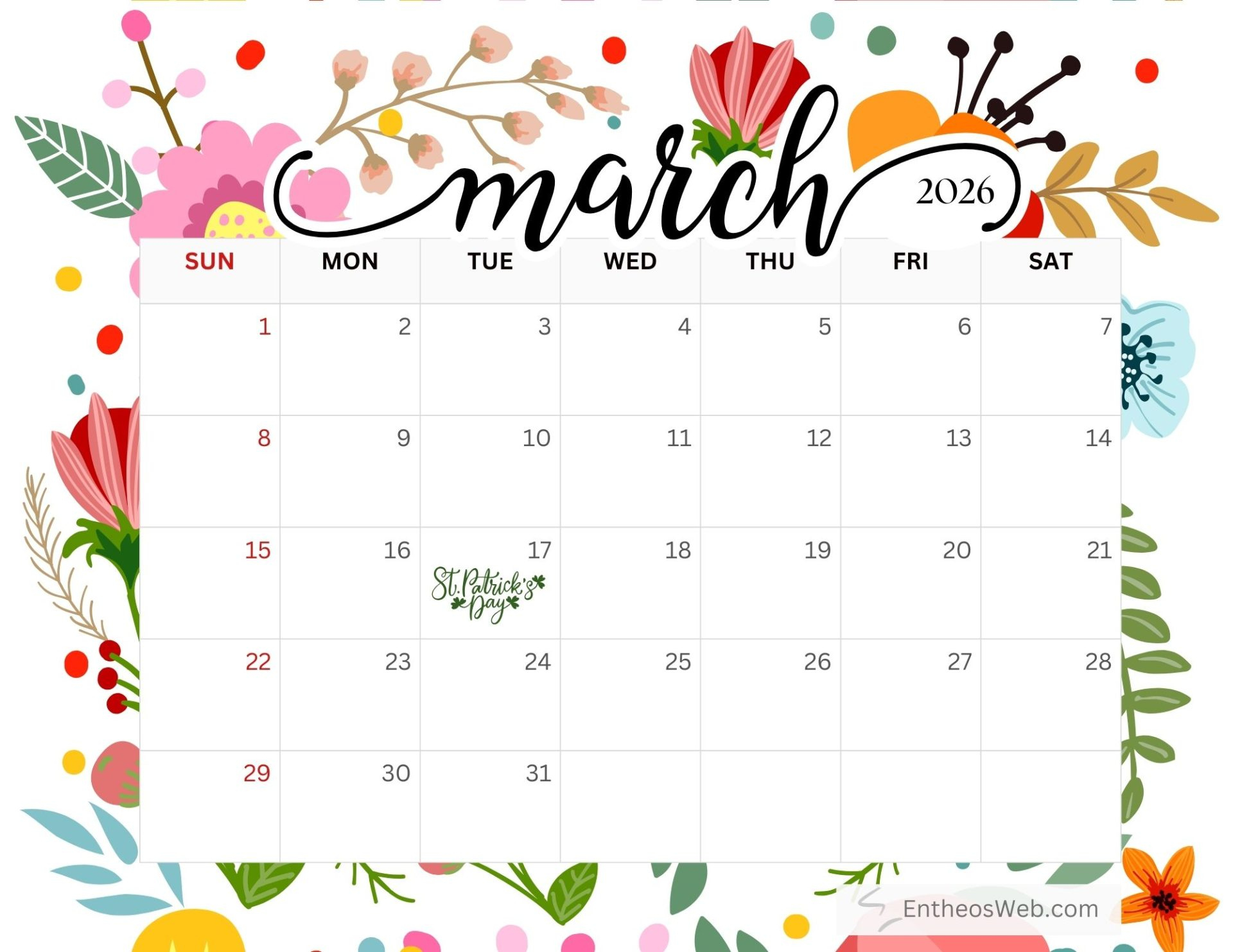 March 2026 Calendar Printables » Entheosweb throughout March Calendar 2026 Holidays