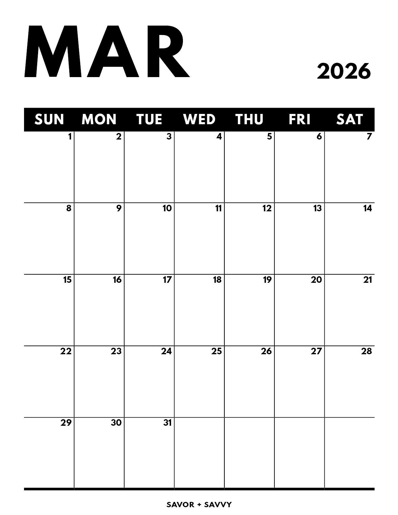 March 2026 Calendar Templates - 14 Free Printables - Savor + Savvy in March 2026 Calendar Printable Vertical