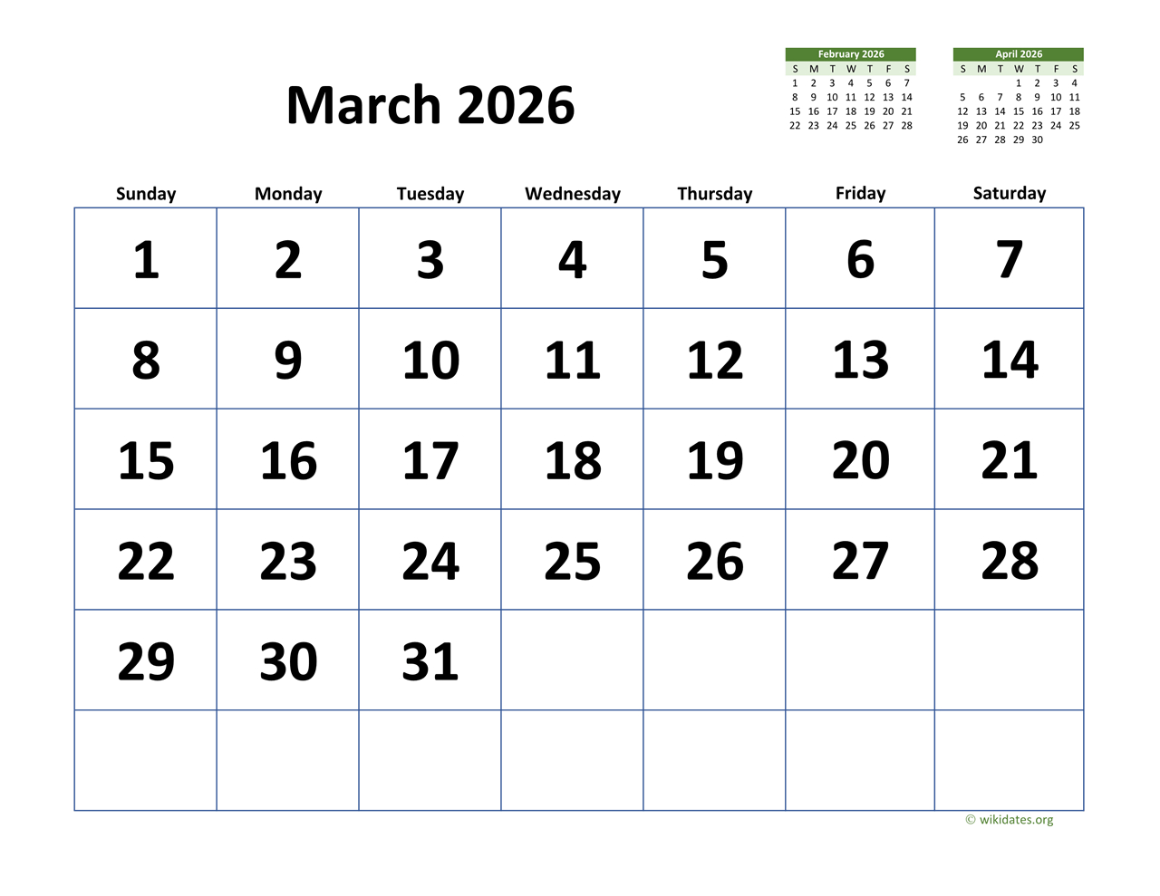 March 2026 Calendar With Extra-Large Dates | Wikidates regarding Wiki Calendar March 2026