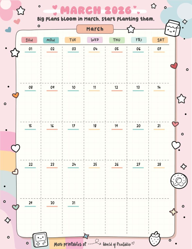 March 2026 Calendars - 200 Free Printable Pdf Designs - World Of pertaining to Cute Printable March 2026 Calendar