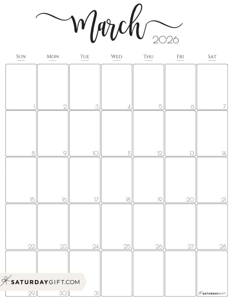 March 2026 Calendars - 23 Cute Free Printable Pdfssaturdaygift for March Calendar 2026 Portrait