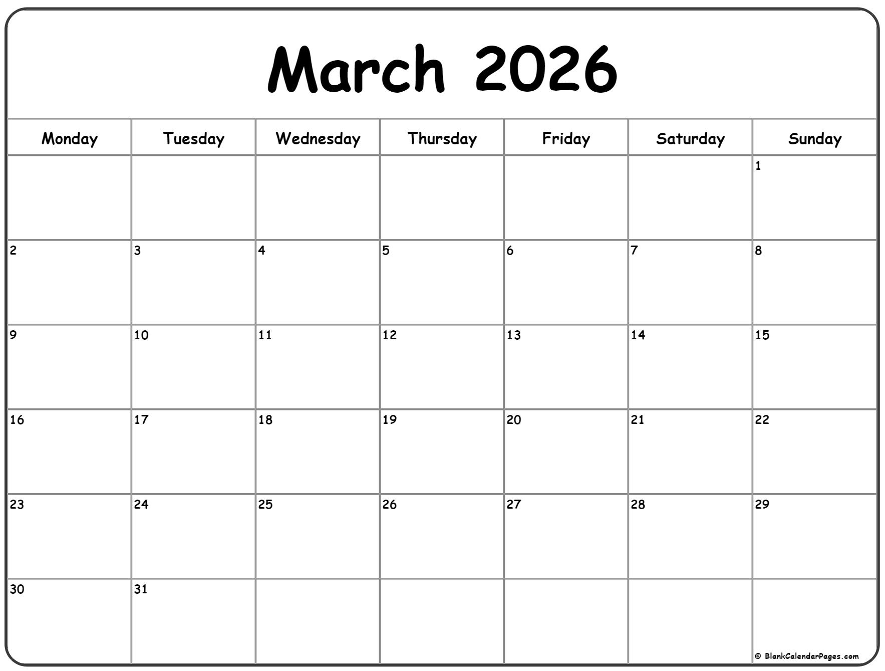 March 2026 Monday Calendar | Monday To Sunday intended for March Calendar 2026 Starting Monday