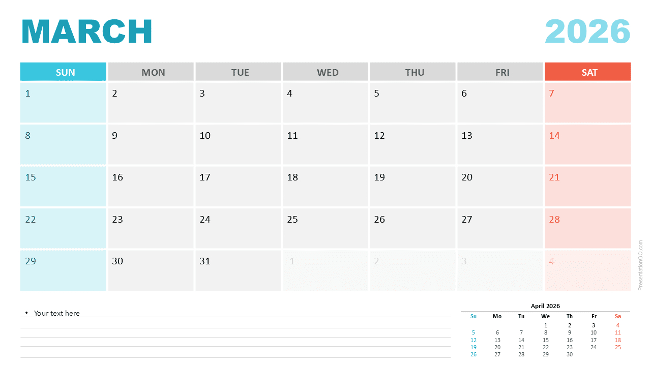 March 2026 Monthly Calendar For Powerpoint &amp;amp; Google Slides intended for Google Calendar March 2026 Printable