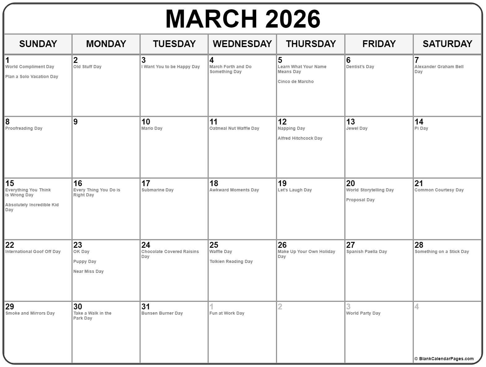 March 2026 With Holidays Calendar intended for National Day Calendar March 2026