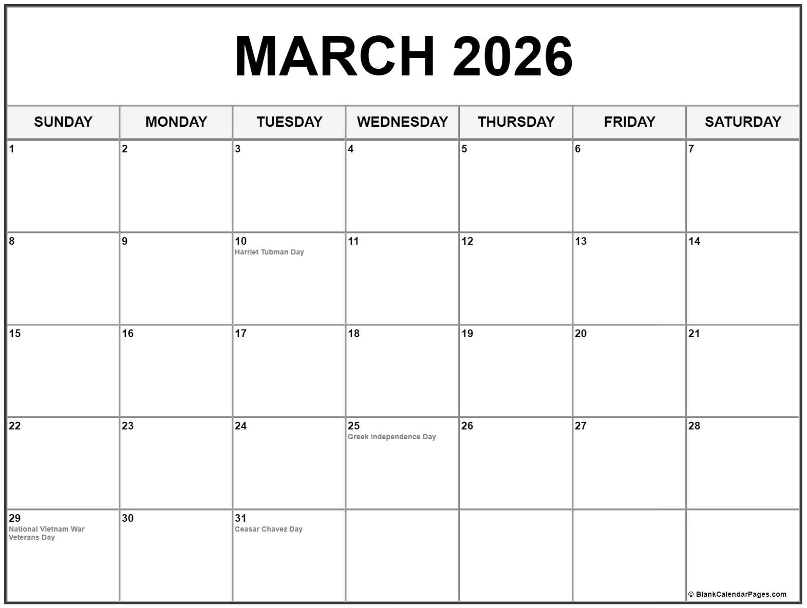 March 2026 With Holidays Calendar within March 2026 Calendar with Holidays USA