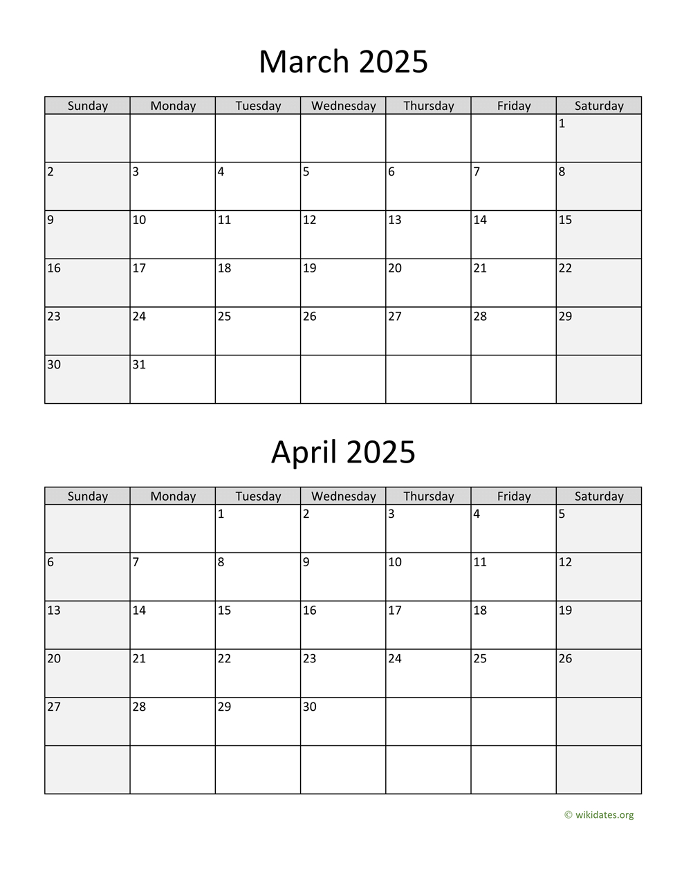 March And April 2025 Calendar | Wikidates throughout Printable Calendar April 2025 to March 2026