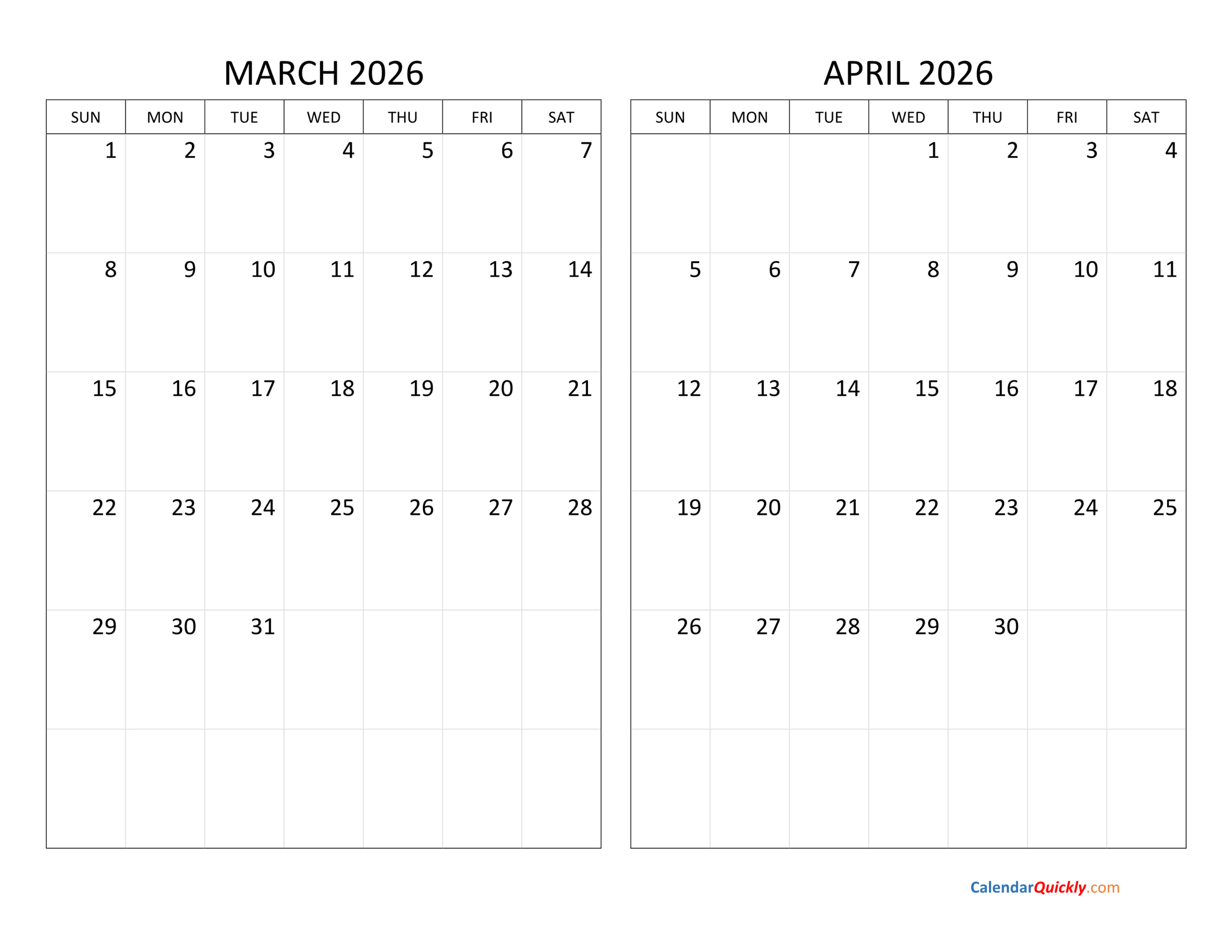 March And April 2026 Calendar | Calendar Quickly pertaining to March And April Calendar 2026