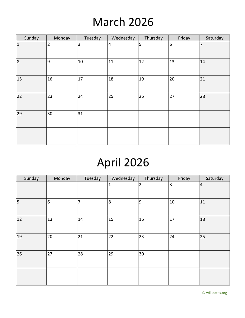 March And April 2026 Calendar | Wikidates with Free Printable Calendar March And April 2026