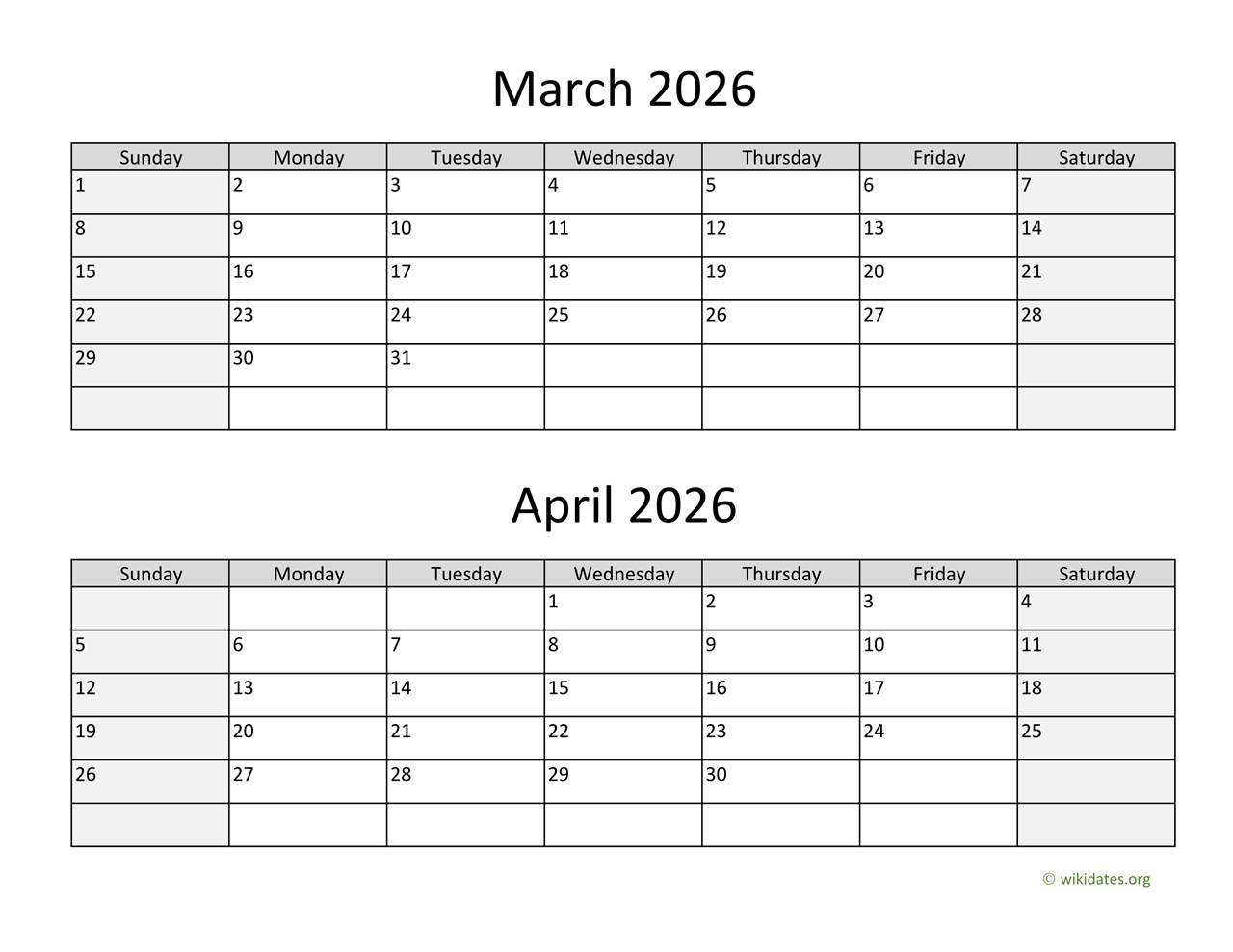 March And April 2026 Calendar | Wikidates within Printable Calendar 2026 March April May