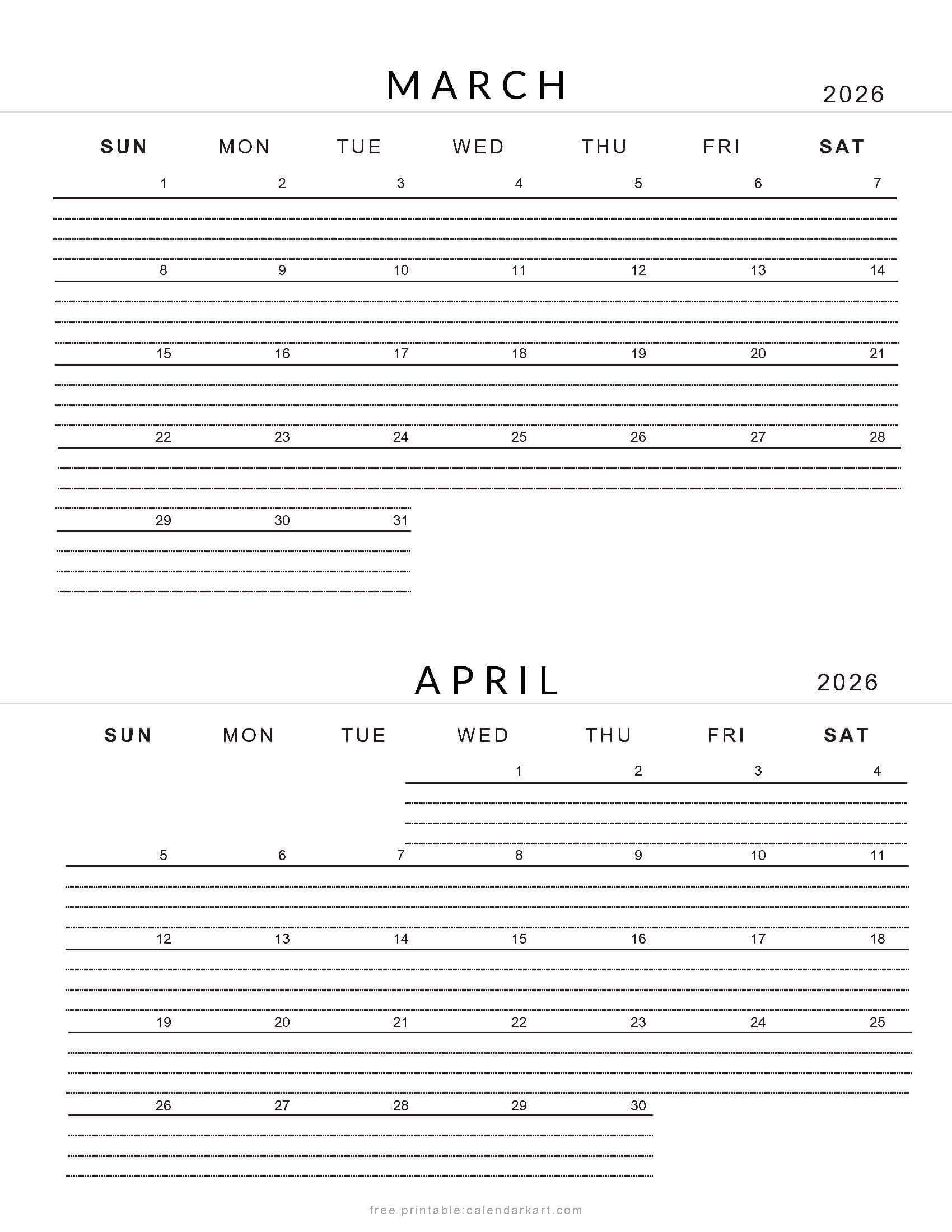 March April 2026 Calendars - Free Printable Pdfs - Calendarkart for Free Printable Calendar March April May 2026