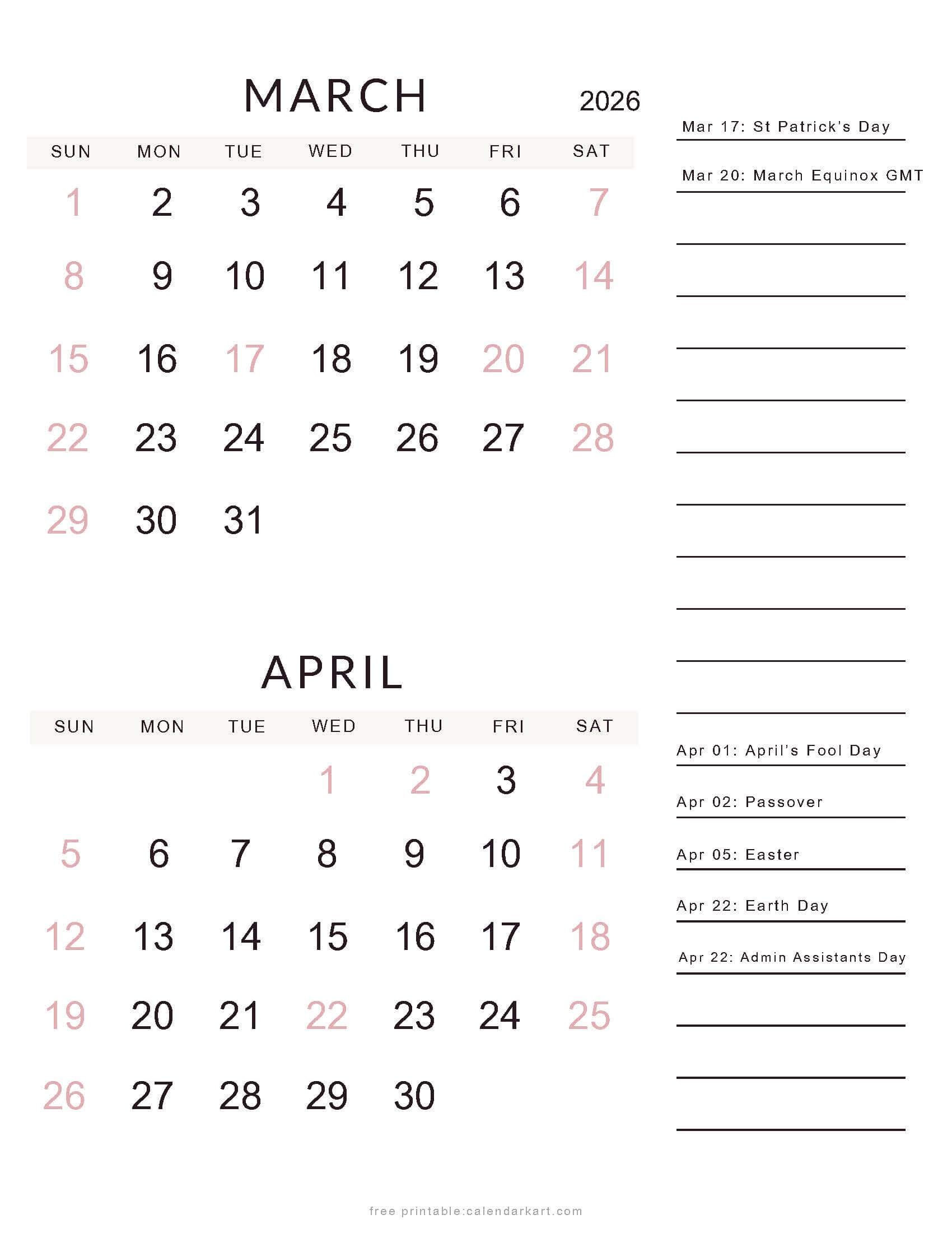 March April 2026 Calendars - Free Printable Pdfs - Calendarkart within Free Printable Calendar April 2026 to March 2026