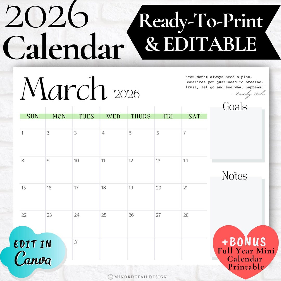 March Calendar Printable, March Calendar 2026, March Calendar in March Calendar 2026 Printable Free 11x17