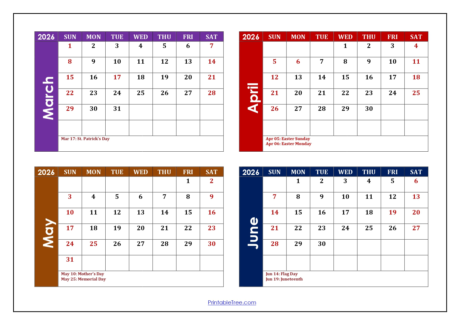 March To June 2026 Calendar Printable Pdf | Four Month Calendar in Calendar March To June 2026