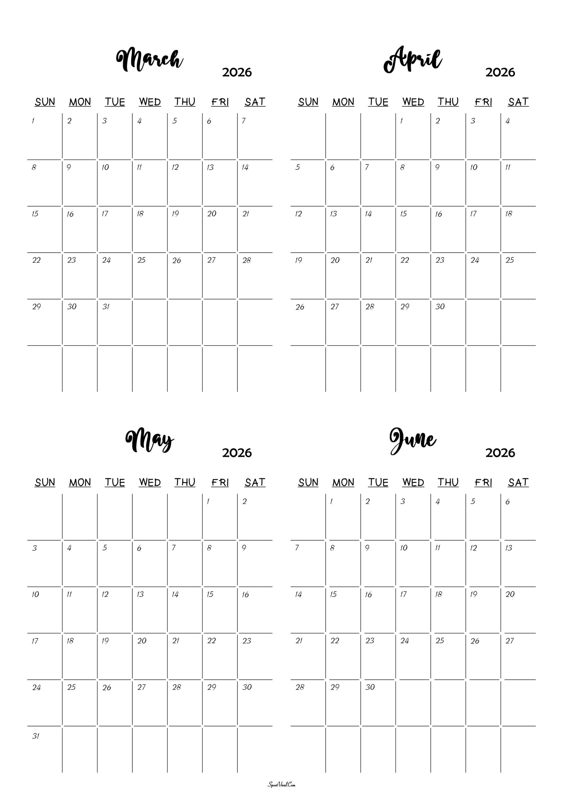 March To June 2026 Calendar Templates- Spootviral for March Through June 2026 Calendar