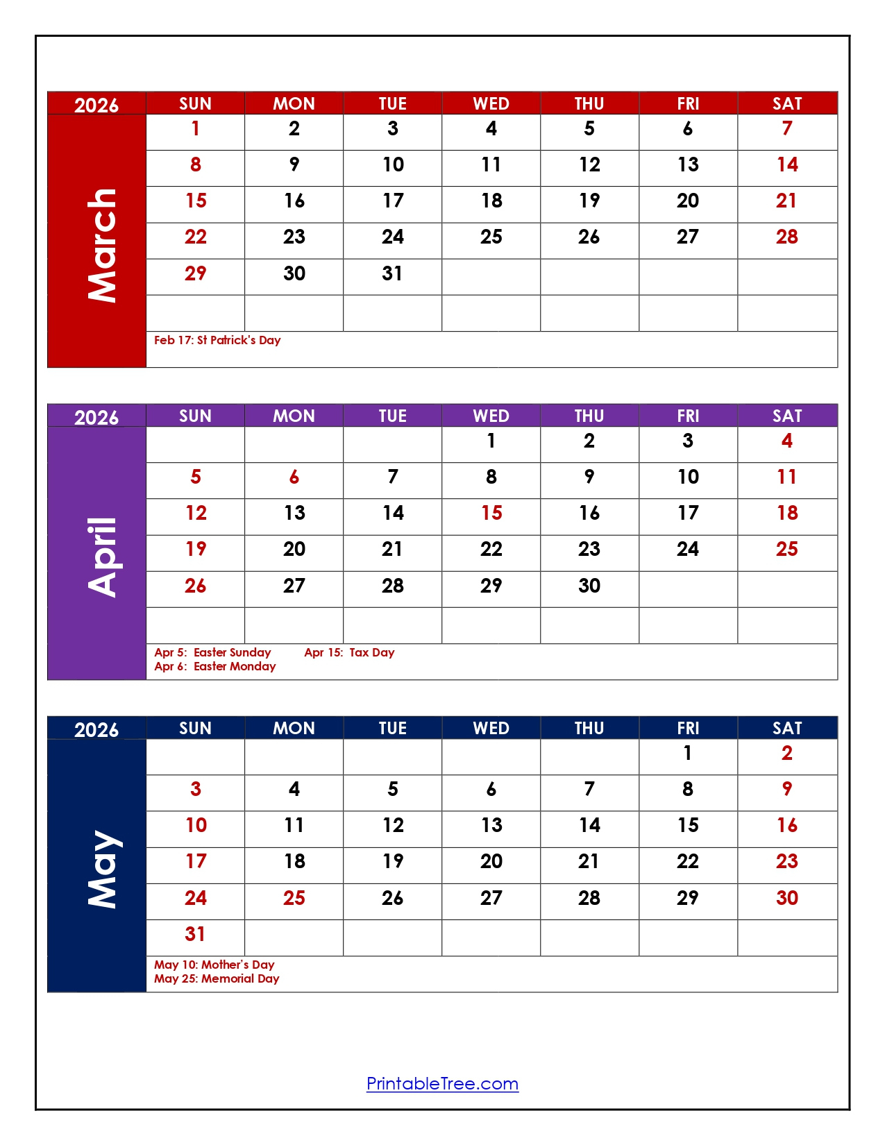 March To May 2026 Calendar | Three Month Calendar pertaining to Printable Calendar For March April And May 2026