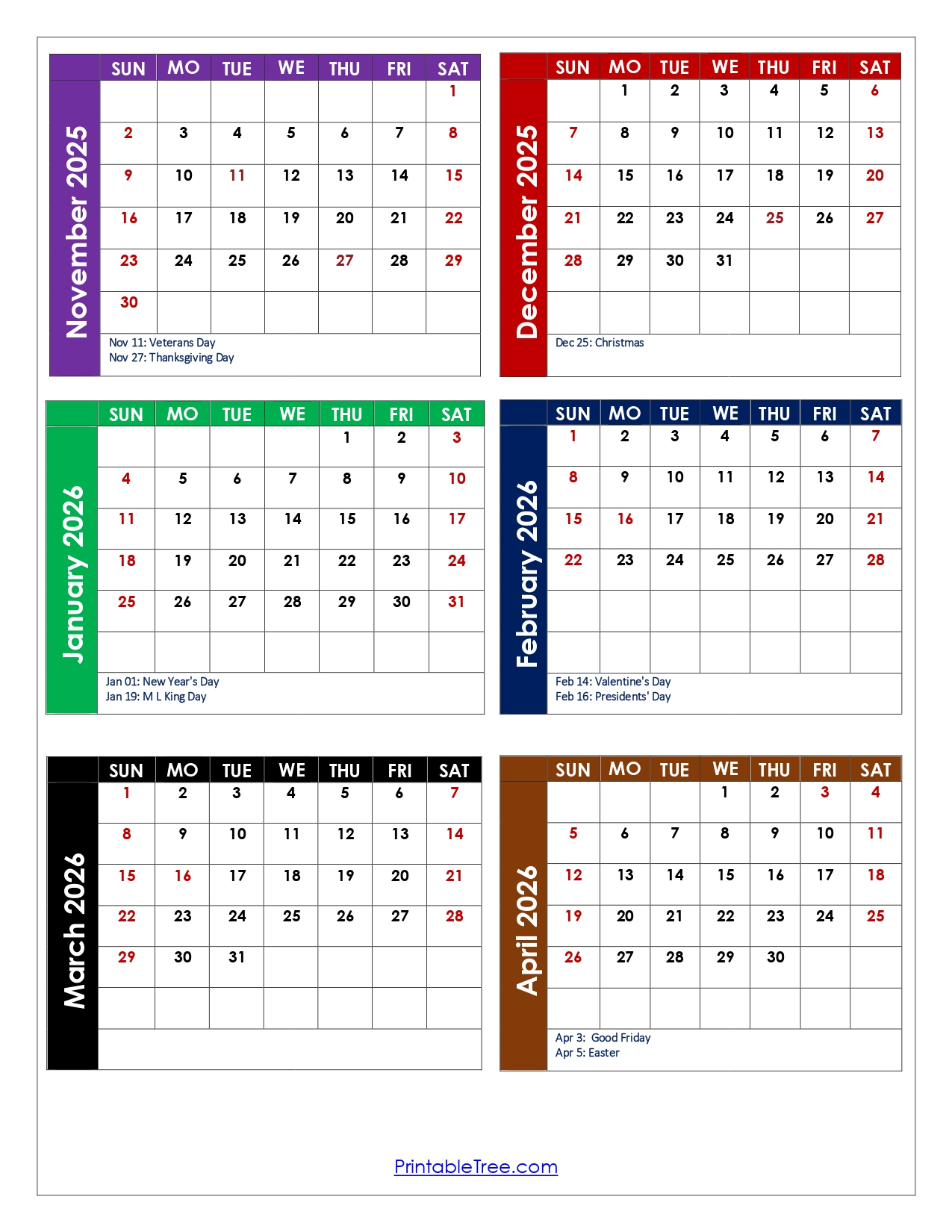 November To April 2026 Calendar Printable Pdf | Six Months Calendar with regard to Calendar November 2025 To March 2026