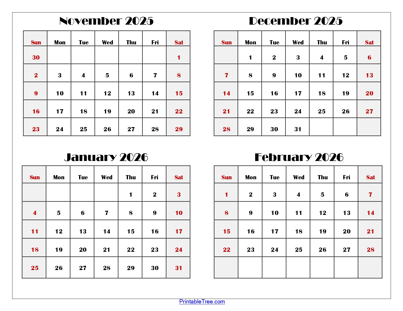 November To February 2026 Calendar Printable Pdf | Four Months for November 2025 To March 2026 Calendar