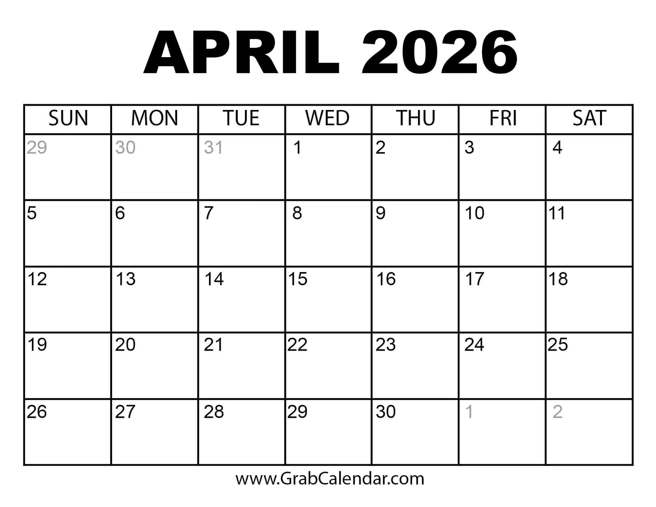 Printable April 2026 Calendar with April 2025 and March 2026 Calendar Printable