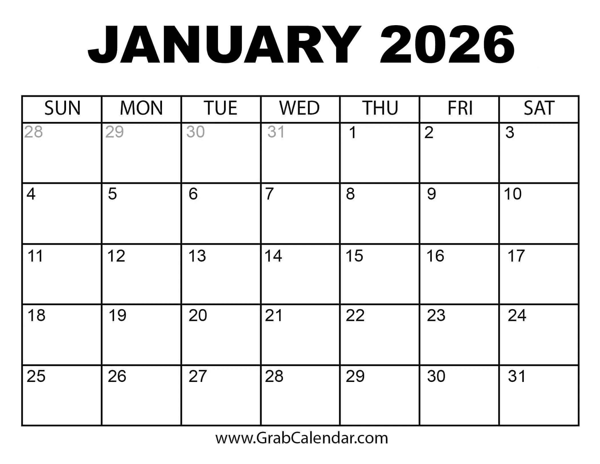 Printable January 2026 Calendar in January To March 2026 Calendar Printable