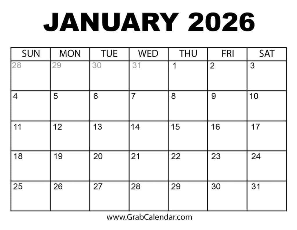 Printable January 2026 Calendar regarding Printable Calendar 2026 January To March