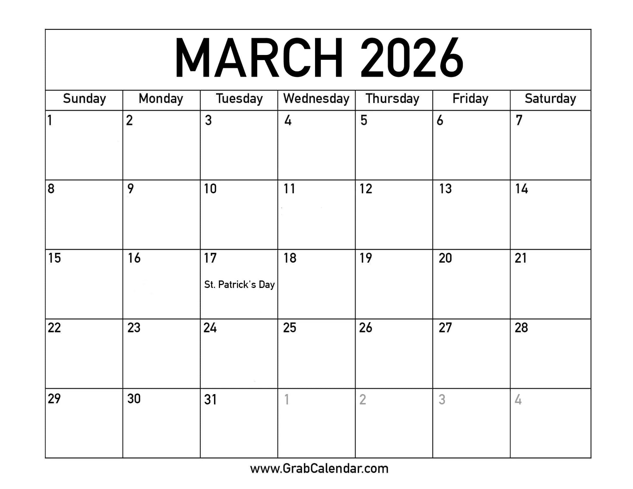 Printable March 2026 Calendar inside March 2026 Calendar Printable With Holidays
