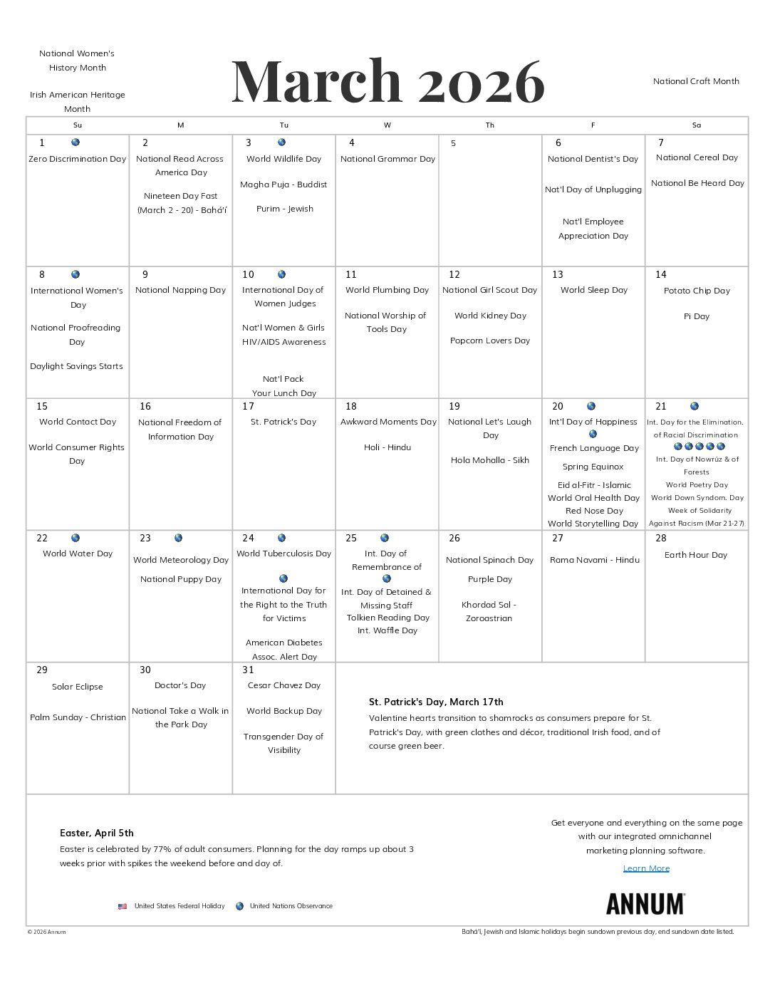 Printable March 2026 Calendar | March Holidays | Annum in March 2026 Calendar with Holidays USA