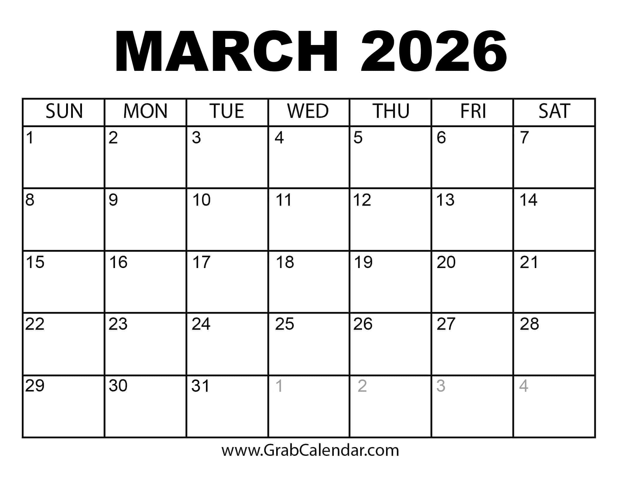 Printable March 2026 Calendar throughout Printable March 2026 Calendar Template